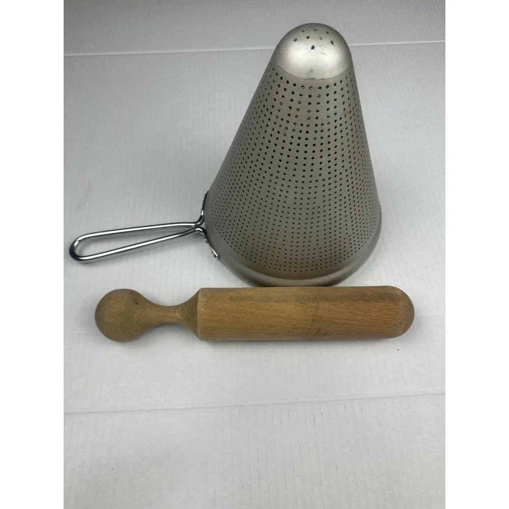Vintage Ricer Sieve Food Mill Colander Strainer & Wooden Masher Sifter